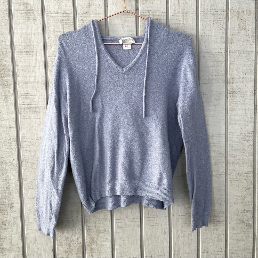 💙‎ Rachel Zoe Blue Soft Knit Hooded V Neck Sweater M Loungewear Casual